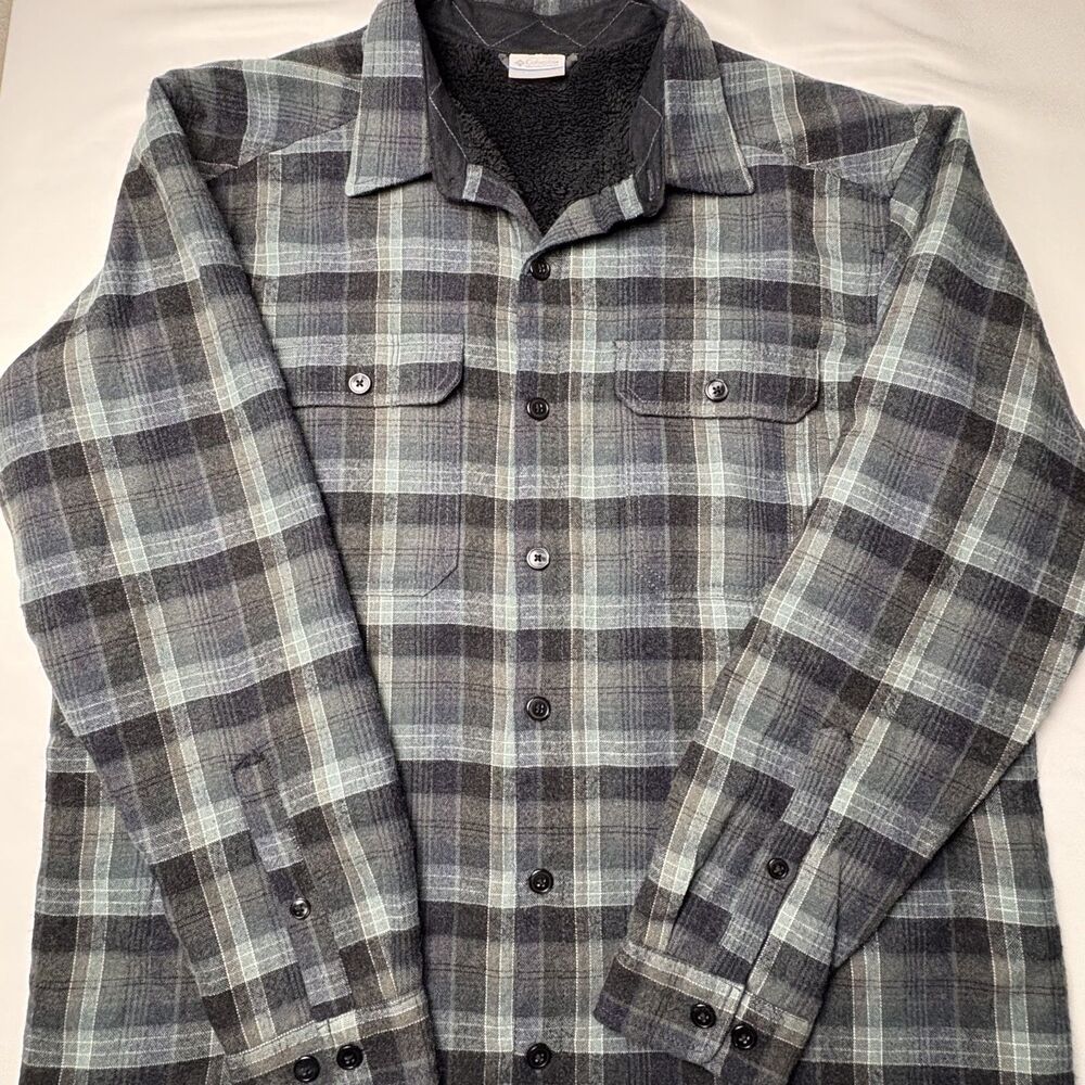 Columbia Men's XL Sherpa Lined Flannel Shirt Jacket Gray Blue Plaid Shacket